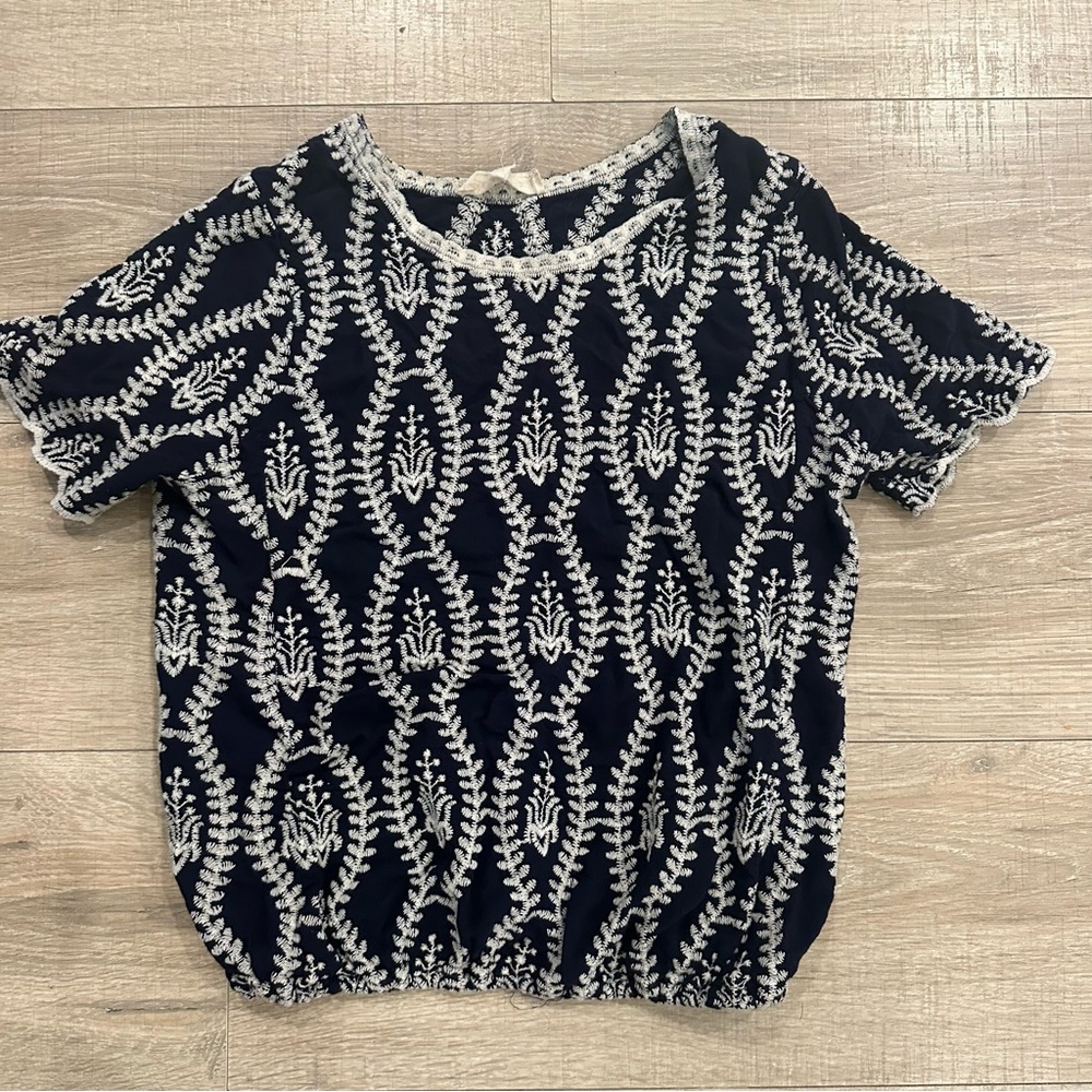 Navy and White Embroidered Patterned Women's Top